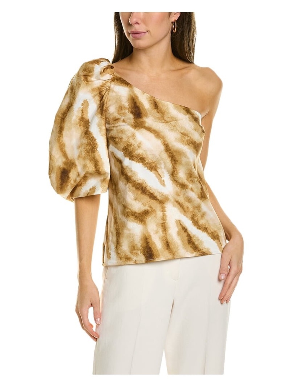 One-Shoulder Puff Sleeve Blouse in Brown Tie-Dye
